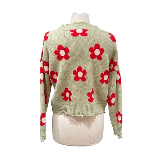 Bailey Rose Distressed Vee Neck Flower Sweater SZ M Mint Green Red - Picture 7 of 10